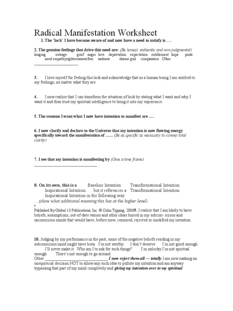 Radical Manifestation Worksheet Intention Mind