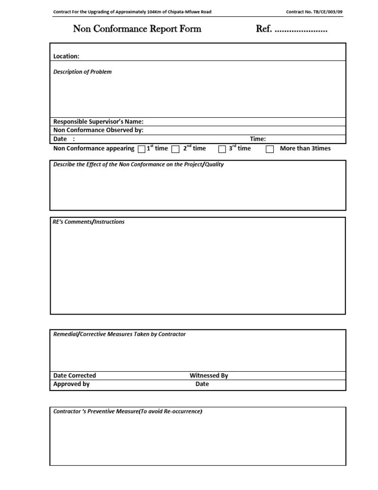 Non Conformance Report Form