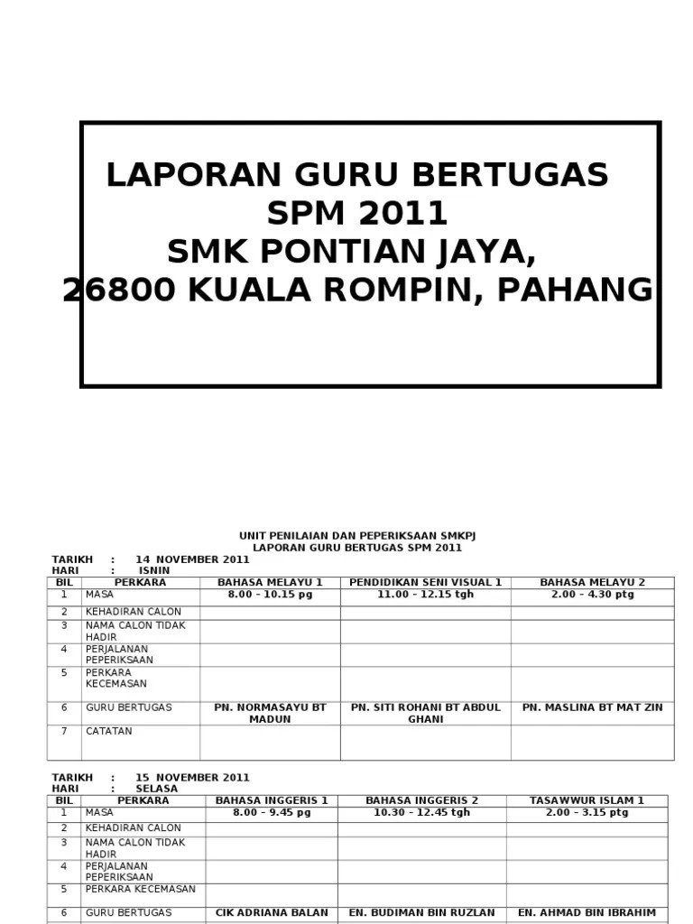 Pengurusan SPM Contoh Laporan Guru Bertugas SPM