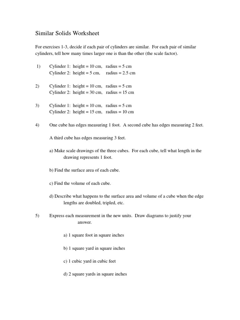 Similar Solids Worksheet Volume Foot (Unit)