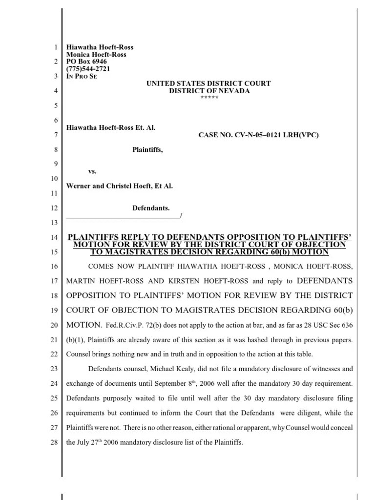Plainitffs Reply Defendant's Opposition to Motion for Review of 60(b