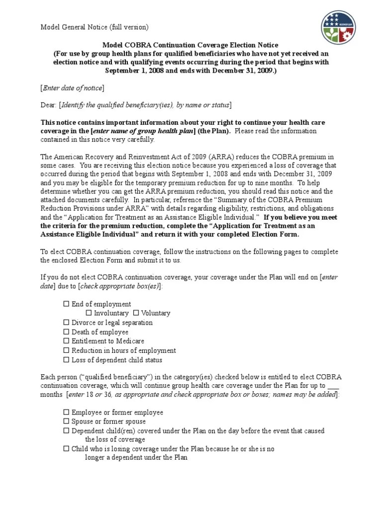 COBRA General Notice Full Version PDF Consolidated Omnibus Budget Reconciliation Act Of 1985