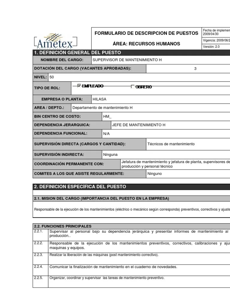 Formulario de Descripcion de Puestos Recursos humanos