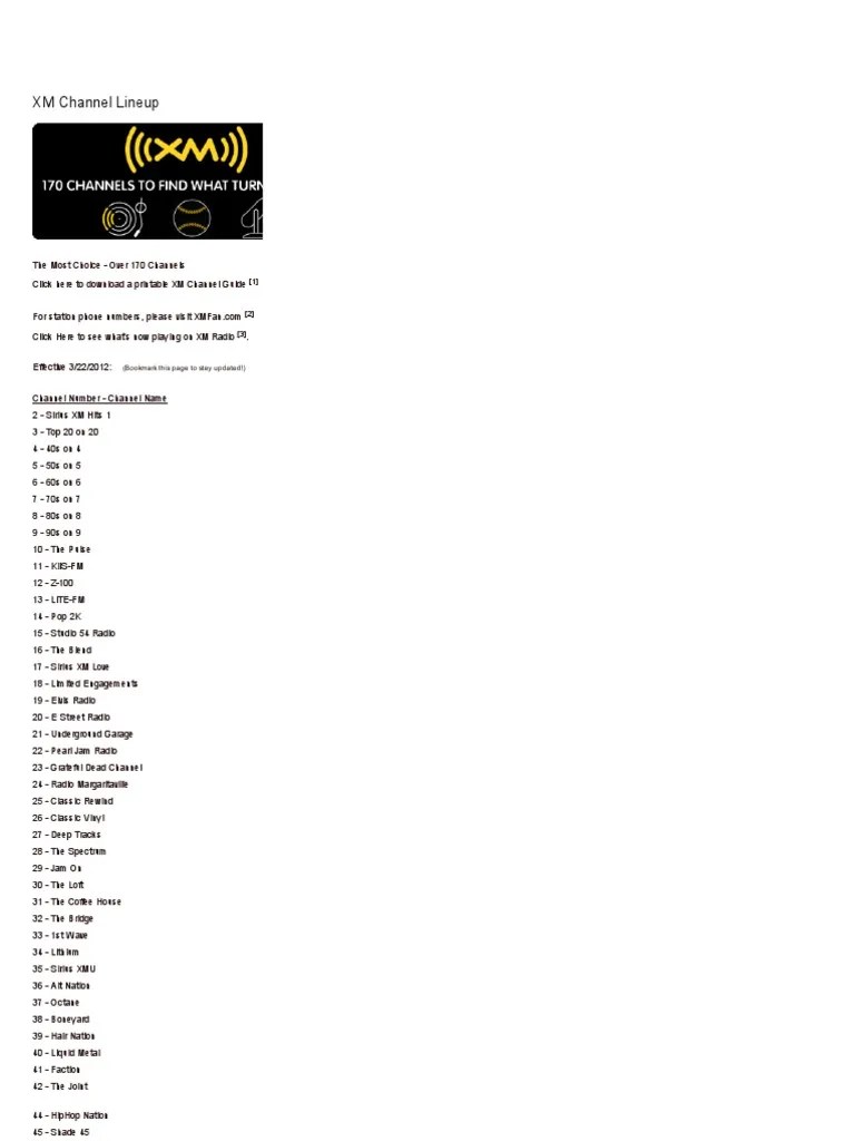 SiriusXM Channel Lineup Simple PDF Media Companies Of The United States Broadcast Engineering
