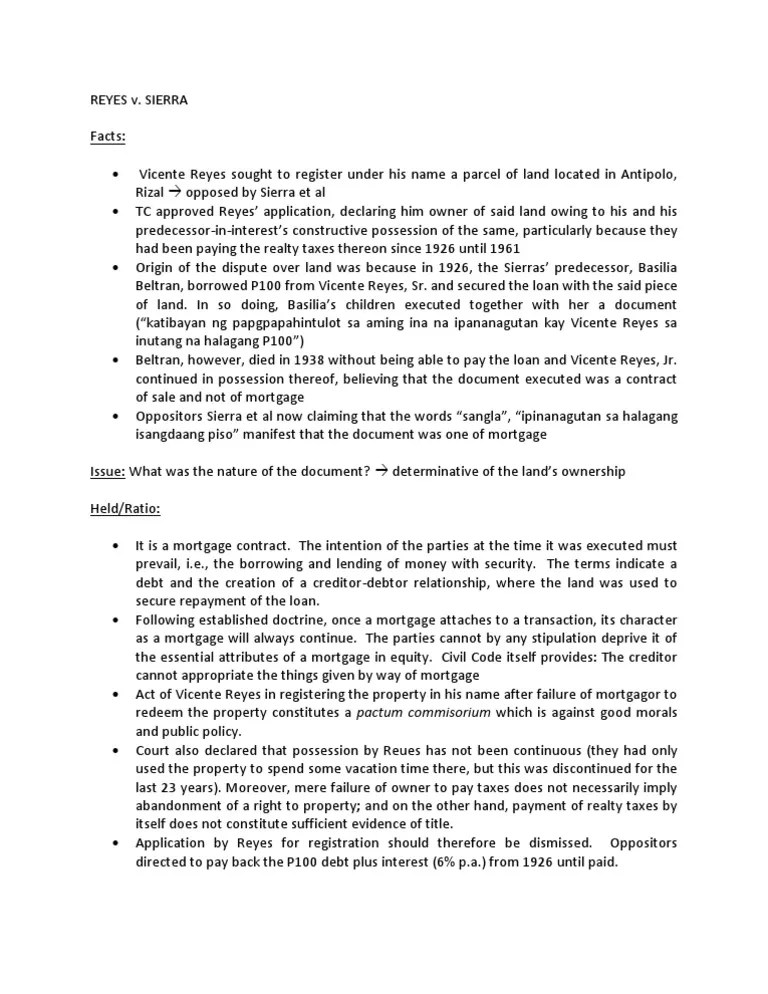 Reyes V Sierra Digest PDF Mortgage Law Loans