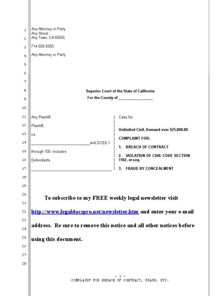 Sample California Complaint for Real Estate Fraud against seller