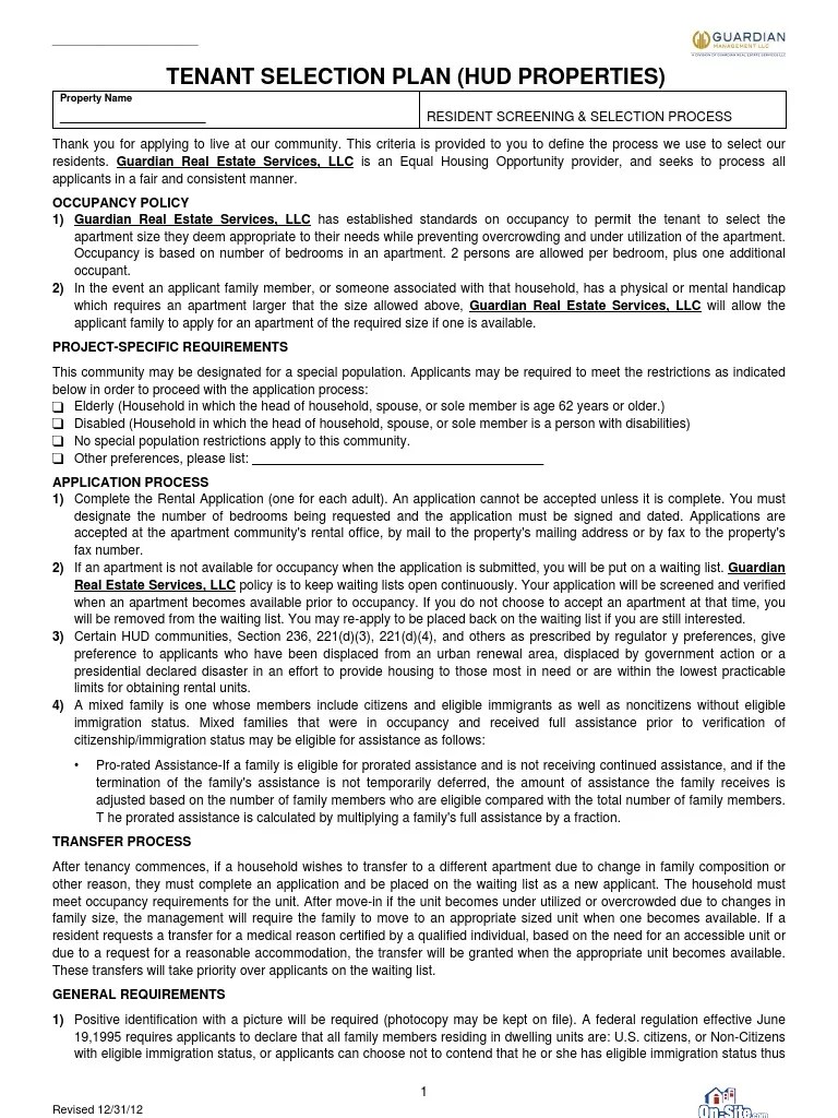 HUD Tenant Selection Plan PDF Section 8 (Housing) Rehabilitation