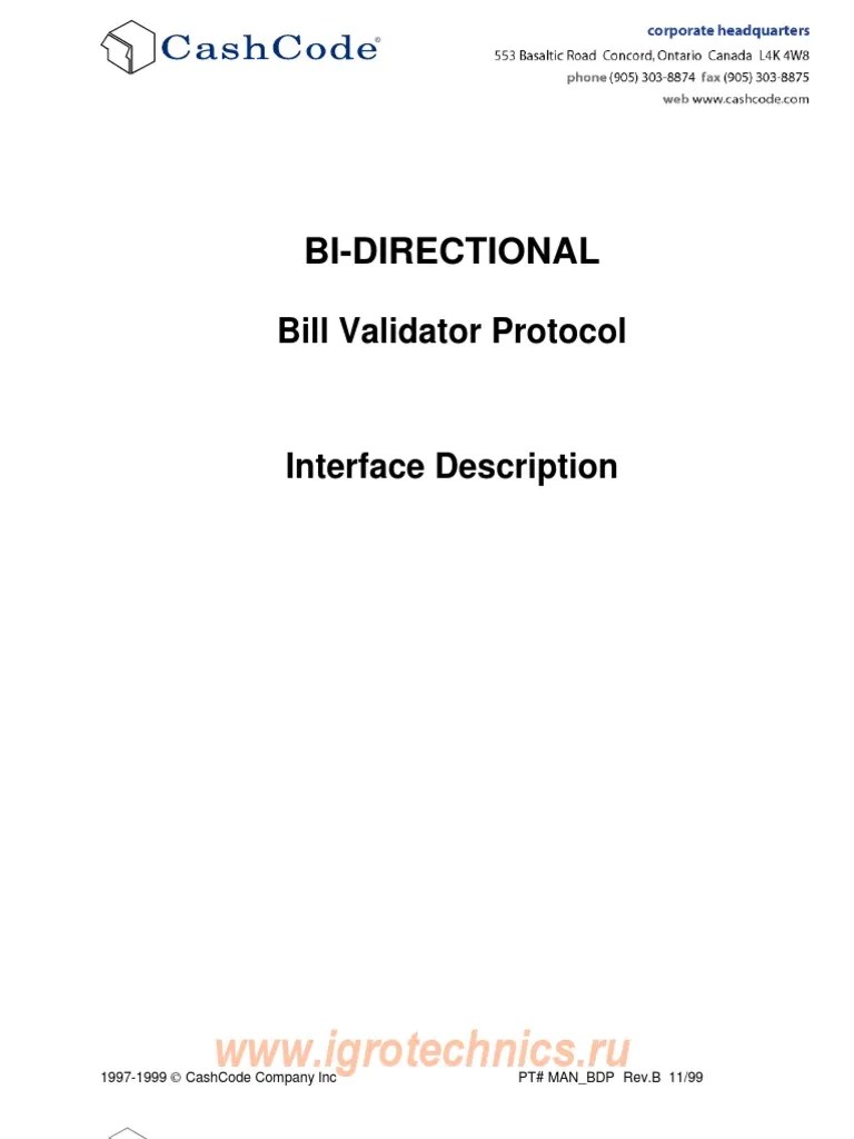 BiDirectional CashCode Bill Validator Protocol PDF Transmission