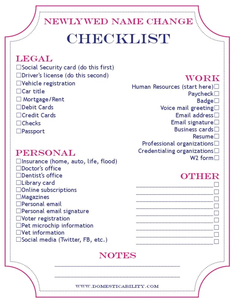 Newlywed Name Change Checklist Printable PDF