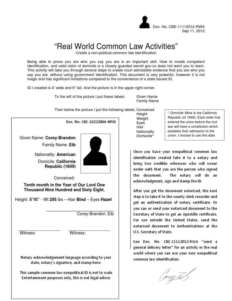 How to create your own common law I.D. Identity Document Common Law
