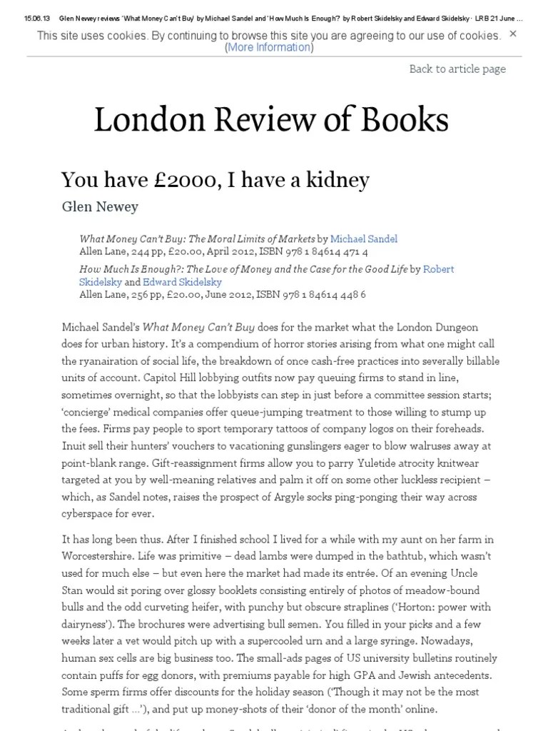 Glen Newey Reviews What Money Can't Buy' by Michael Sandel and How Much