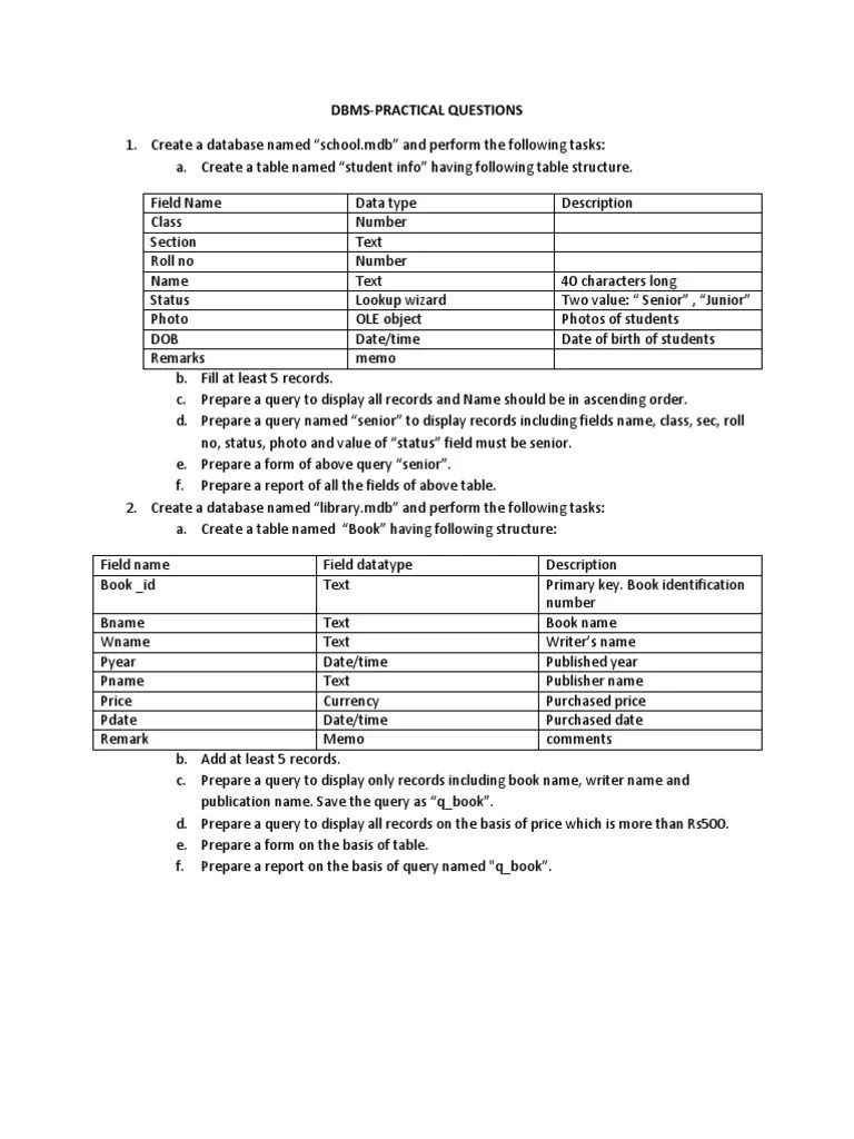 Ms access practical questions Microsoft Access Databases