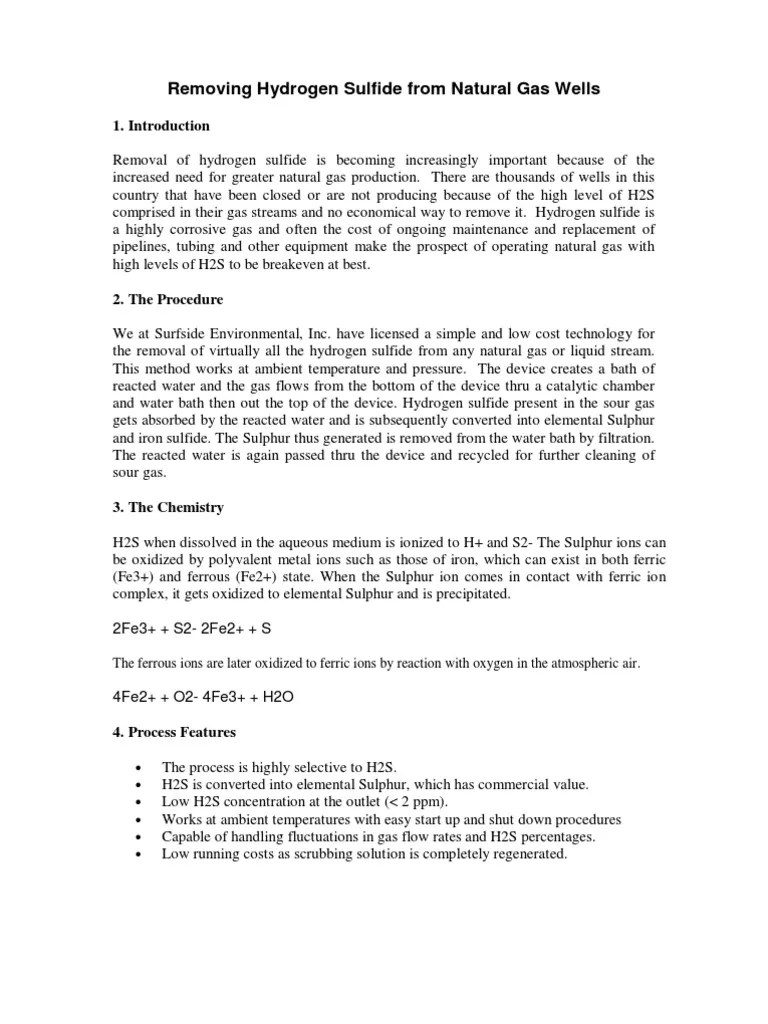 Removing Hydrogen Sulfide From Natural Gas Wells 2fe3+ + S22Fe2+ + S