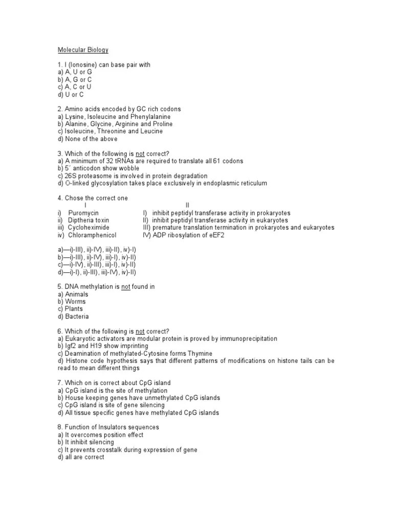 Molecular Biology Questions PDF Gene Translation (Biology)