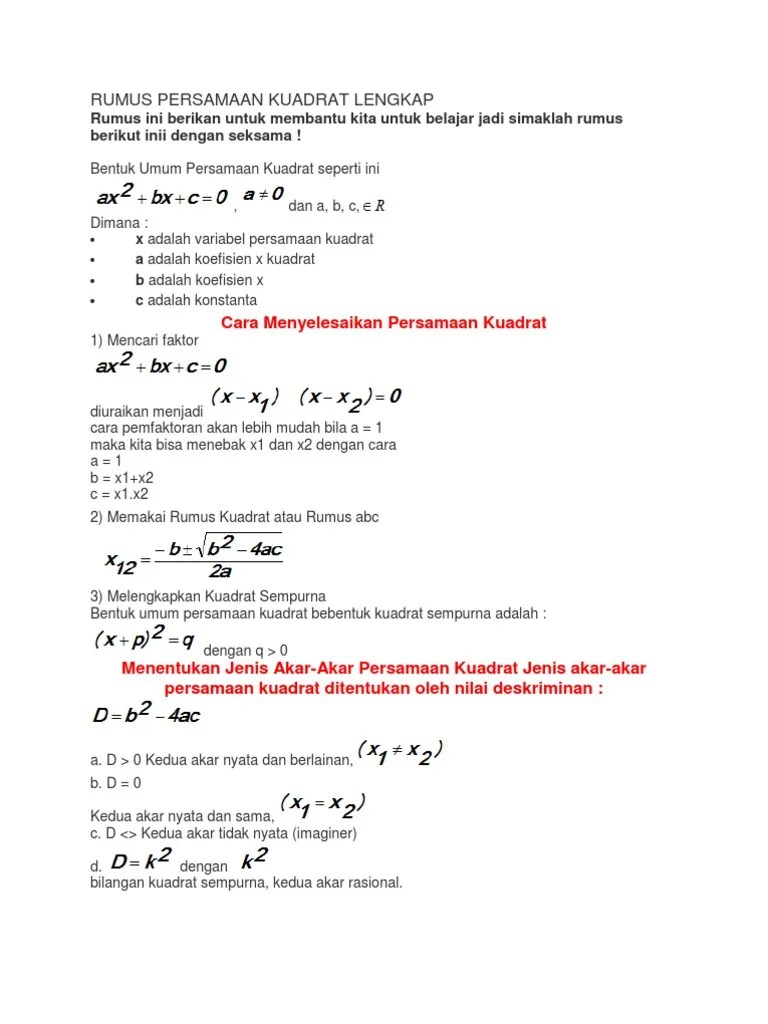 Rumus Persamaan Kuadrat Lengkap | PDF