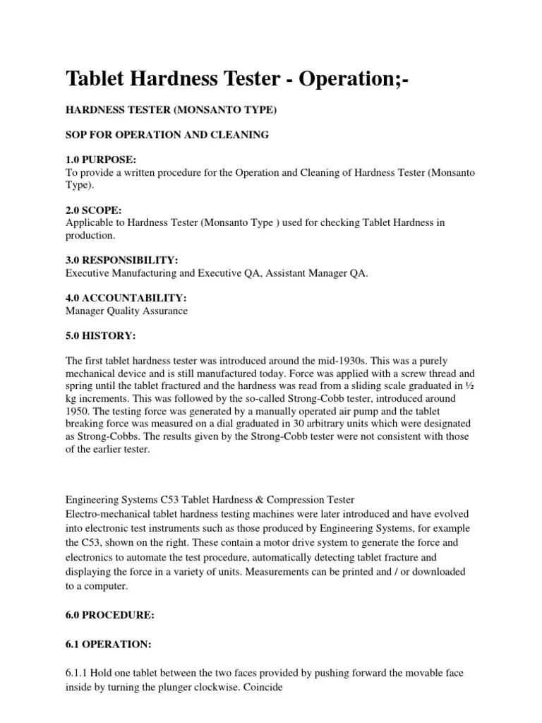 Hardness Tester (Monsanto Type) Sop For Operation and Cleaning 1.0 PURPOSE PDF Tablet