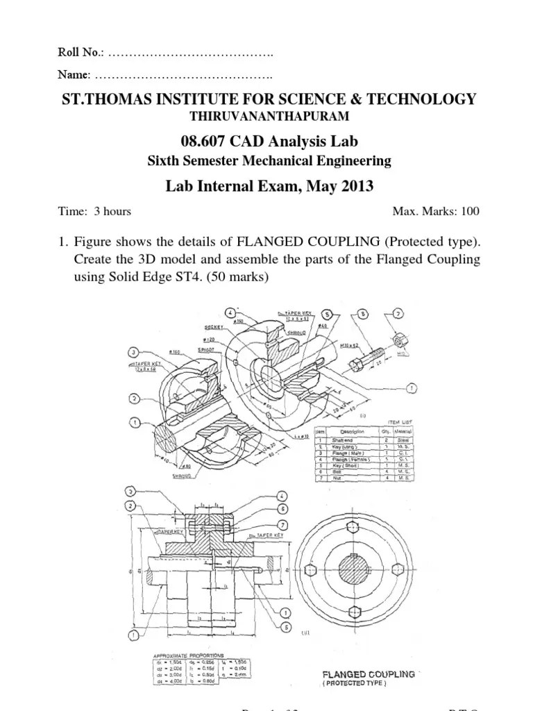 S6 Mech CAD Lab Model Exam question paper Computer Aided Design