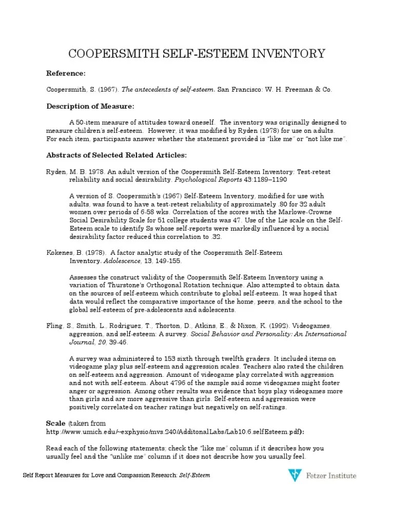 Coopersmith SelfEsteem Inventory Reference