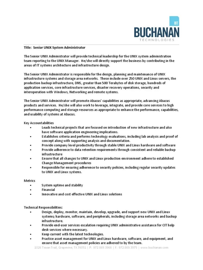 Sr. Unix Administrator Job Description System Administrator Linux