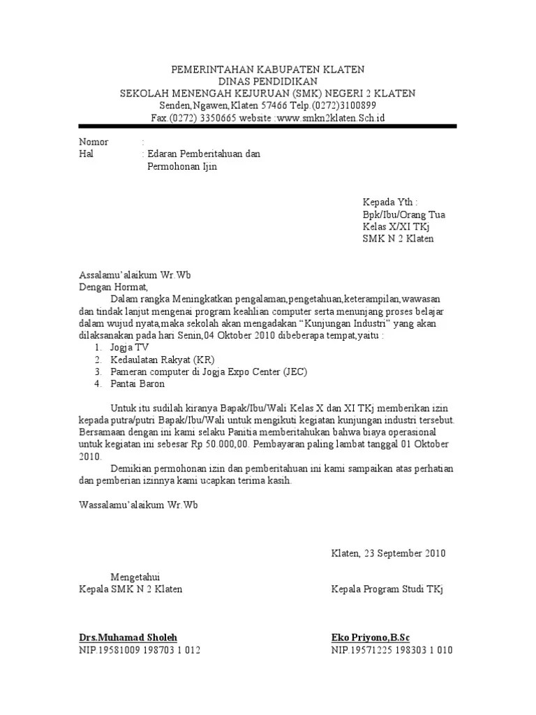 Contoh Surat Permohonan Izin Orang Tua Untuk Study Tour Bagi Contoh Surat