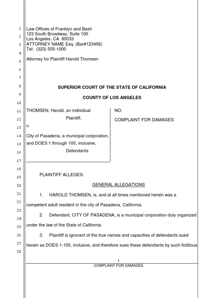 Legal Writing Complaint (Sample) PDF Damages Lawsuit