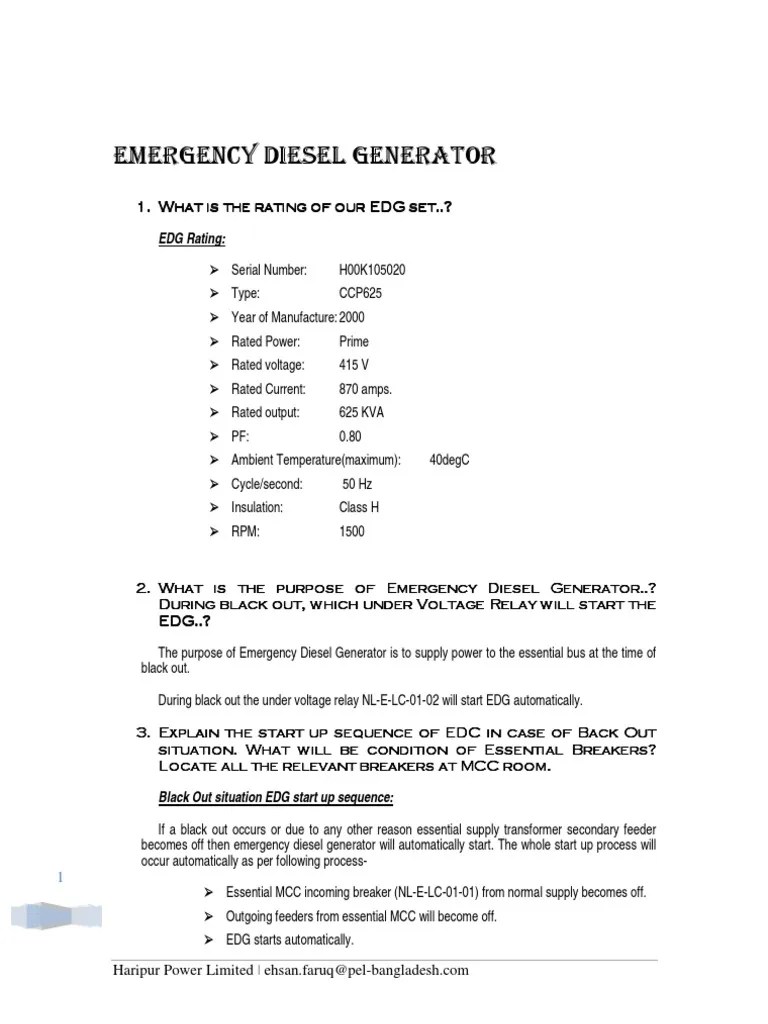 Emergency Diesel Generator Startup Sequence, Operating Procedures, and