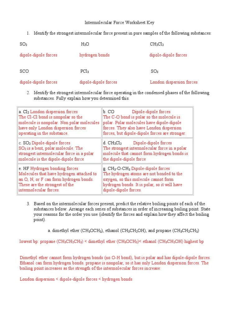 115 Intermolecular Force Worksheet Key | Chemical Polarity