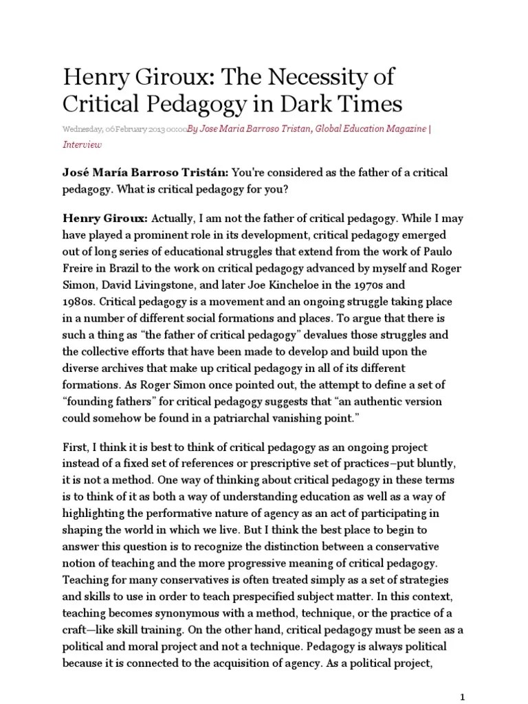 Henry Giroux the Necessity of Critical Pedagogy in Dark Times