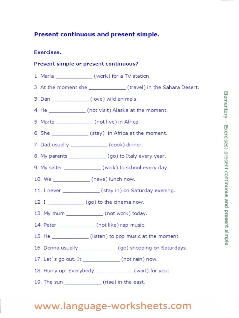 Elementary Present Continuous and Present Simple Exercises | PDF | Leisure