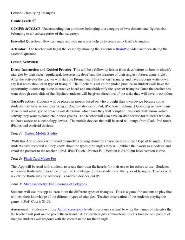 Classifying Triangles Lesson Plan PDF I Pad Triangle