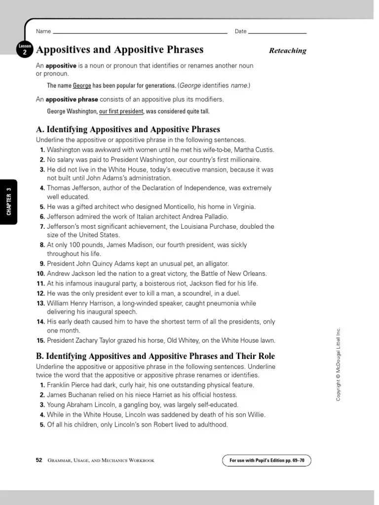 Appositive Phrases Worksheet Abraham Lincoln Thomas Jefferson