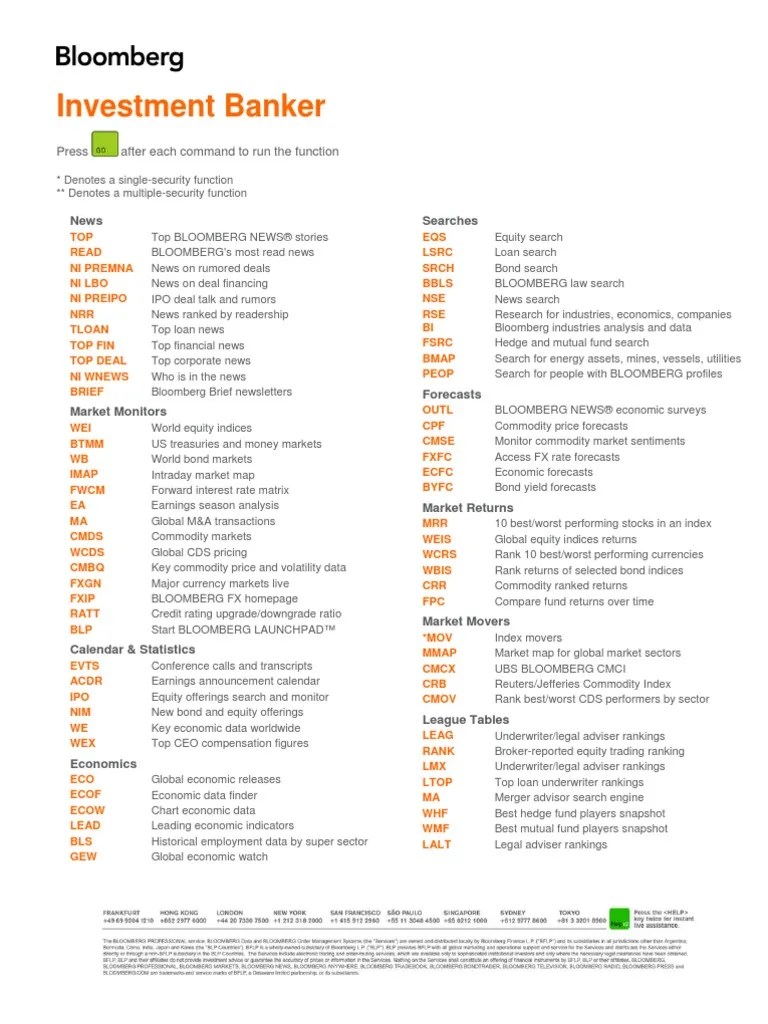 Investment Banking Cheatsheet Bloomberg Terminal Investimento