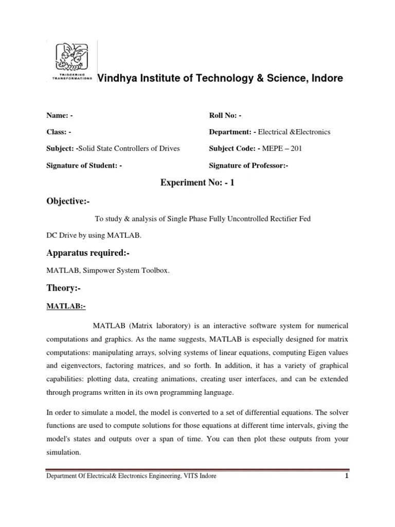 Solid State Controller of Drives Experiment PDF Rectifier Matlab