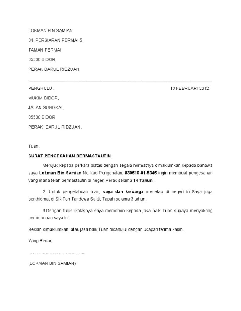 Surat pengesahan mastautin (majikan / penghulu /. Surat Akuan Bujang Kedah Letter 7saudara Com