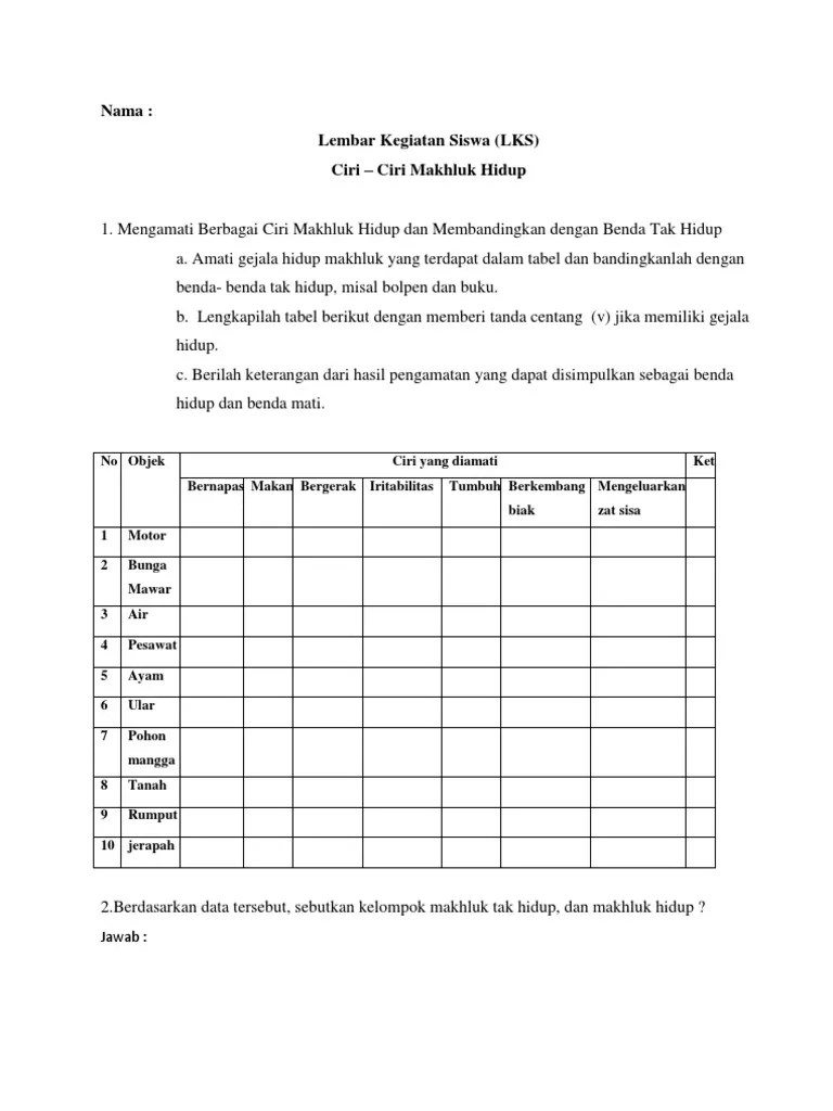 Lembar Kegiatan Siswa Lembar Kegiatan Siswa Ciri-Ciri Makluk Hidup | PDF