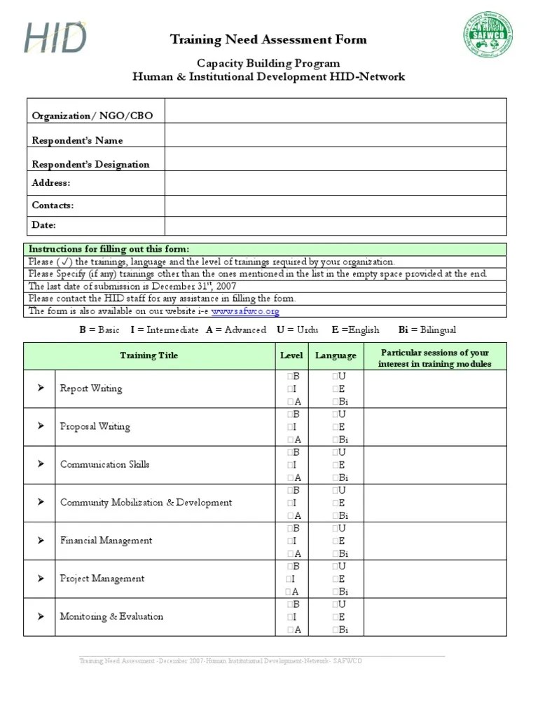 Training Need Assessment form Processes Business