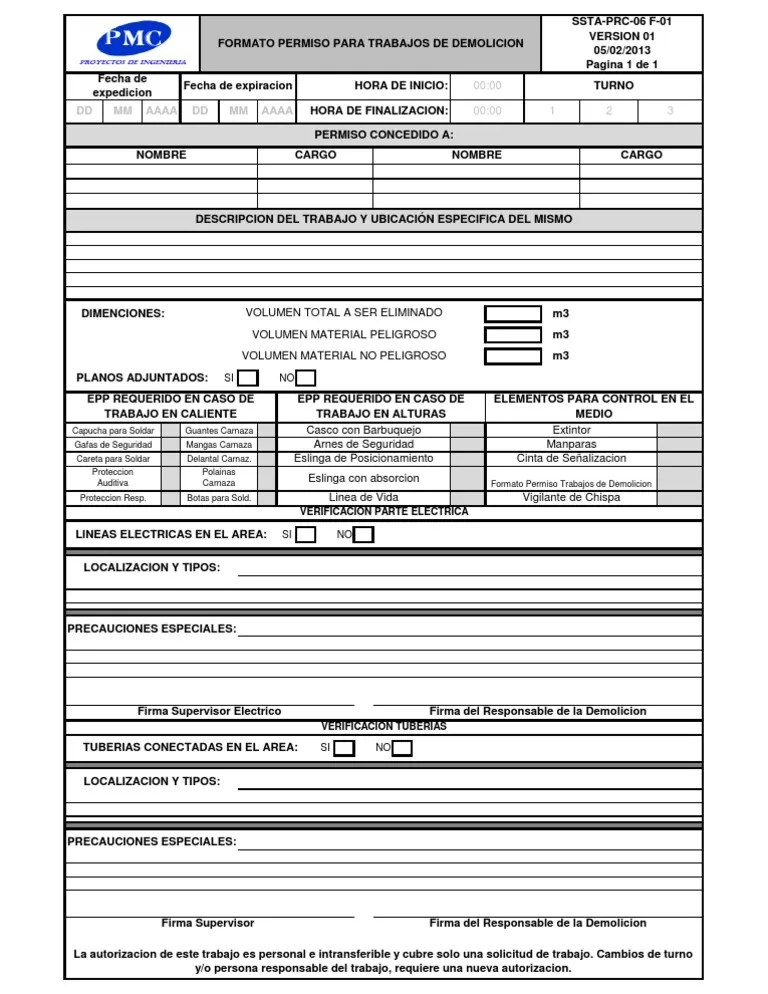 Formato Permiso Para Trabajos de Demolicion