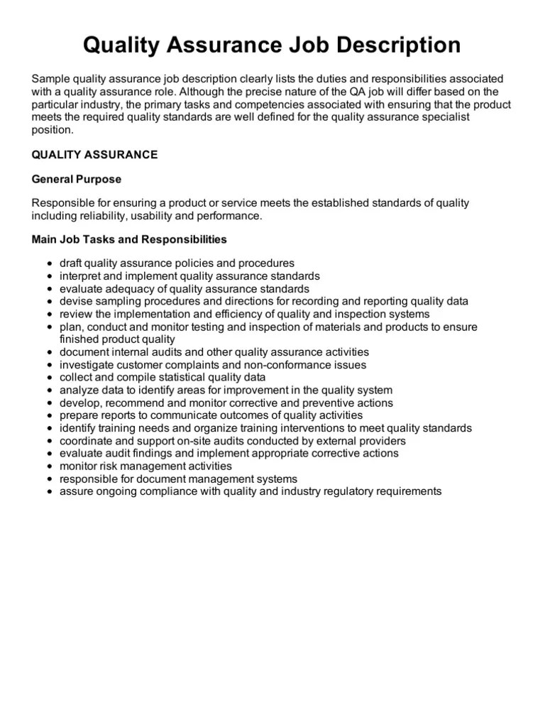 Quality Assurance Job Description PDF
