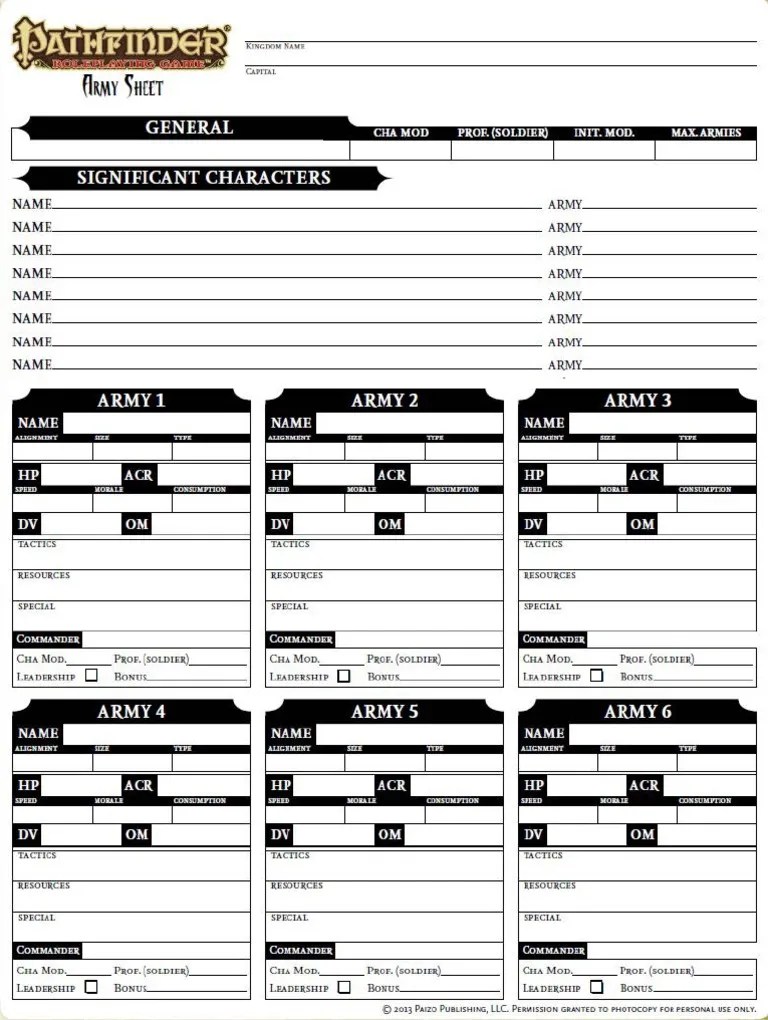 Pathfinder Army Sheet