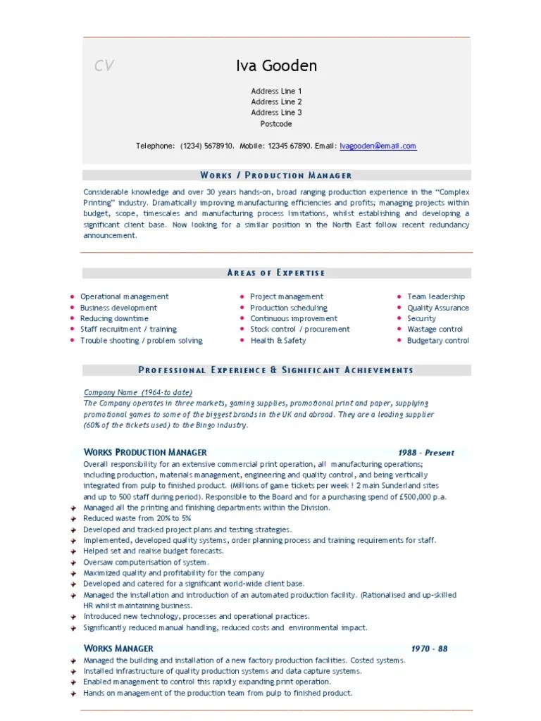 Works Production Manager CV Operations Management Automation