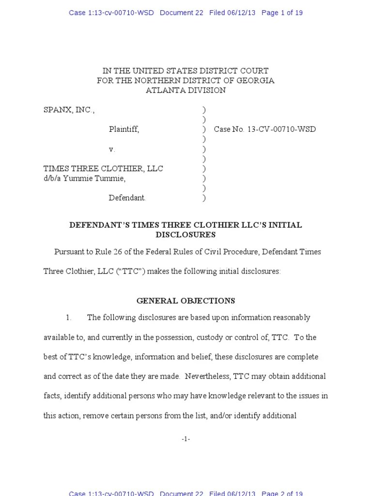 Yummie Initial Disclosures PDF Discovery (Law) Federal Rules Of