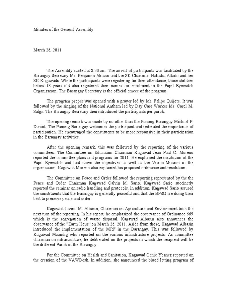 Sample Minutes of the General Assembly Politics