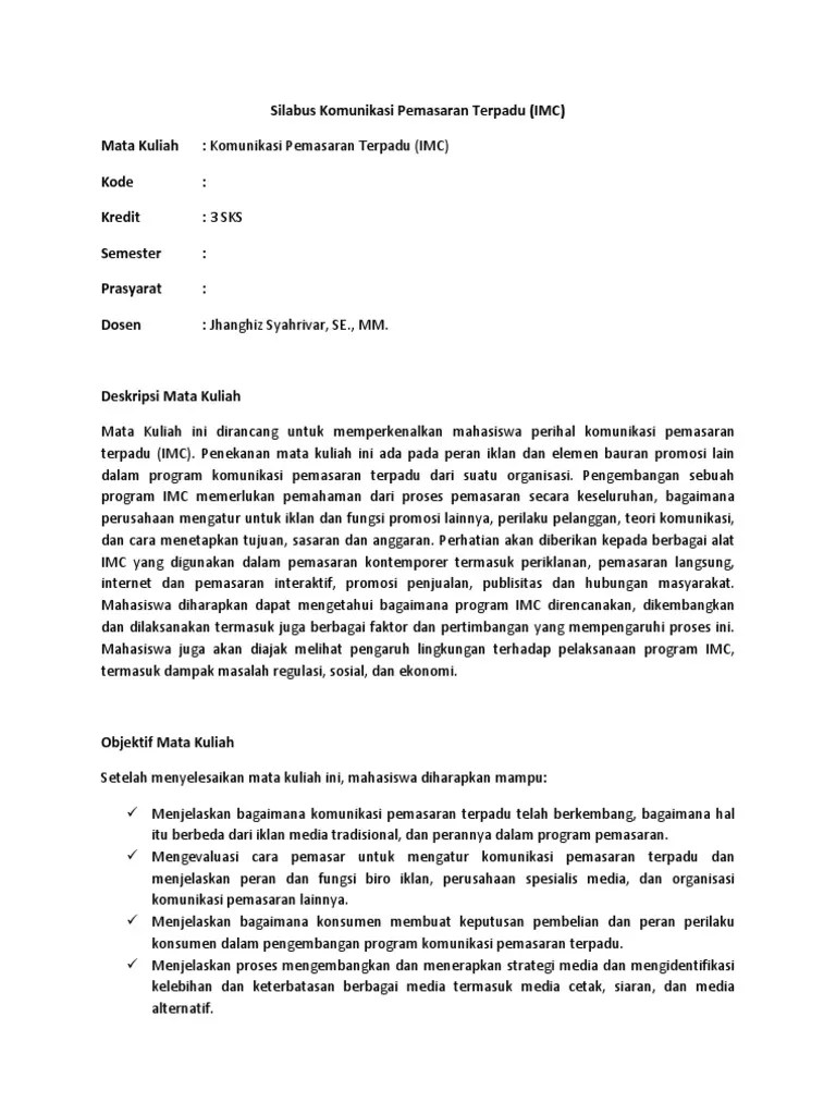 Silabus Mata Kuliah Komunikasi Pemasaran Terpadu/ Integrated Marketing
