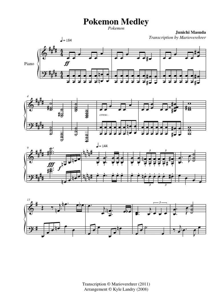 Pokemon Medley piano sheet music pdf Pokémon Nintendo