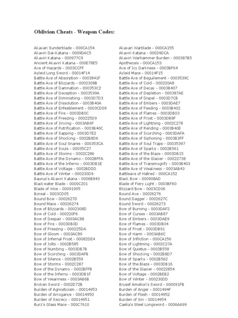 Oblivion Weapon Codes Melee Weapons Sword
