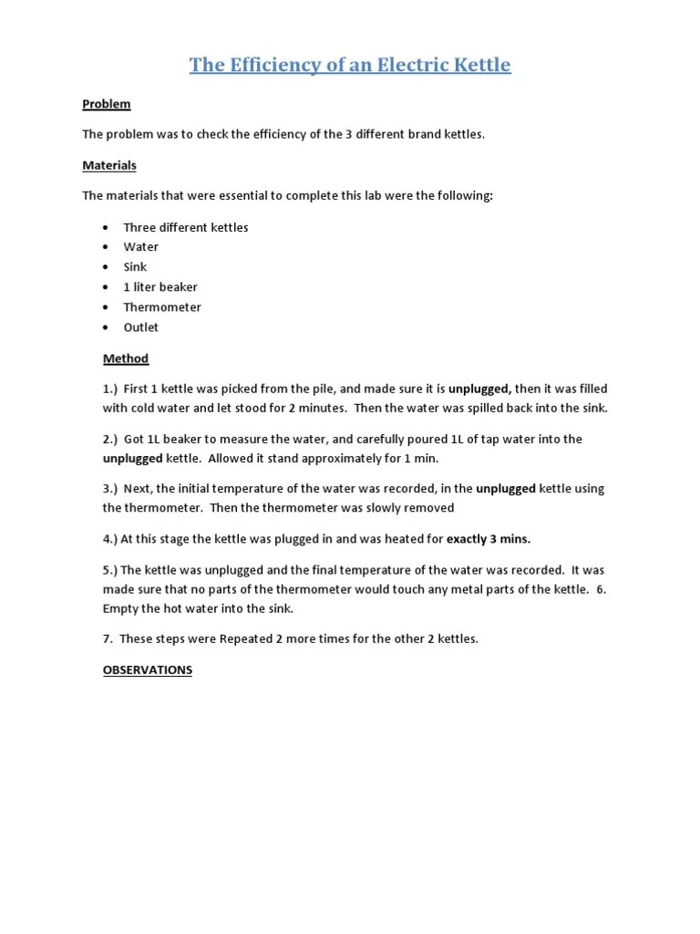 The Efficiency of An Electric Kettle PDF Temperature Heat