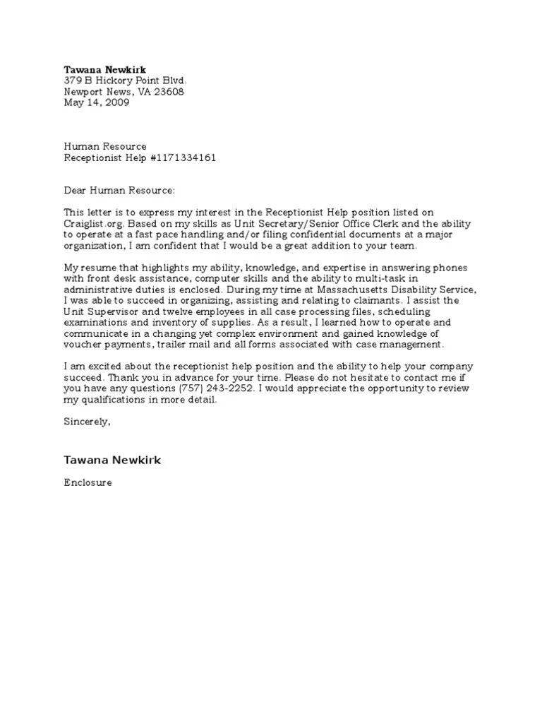 Secretary Cover Letter