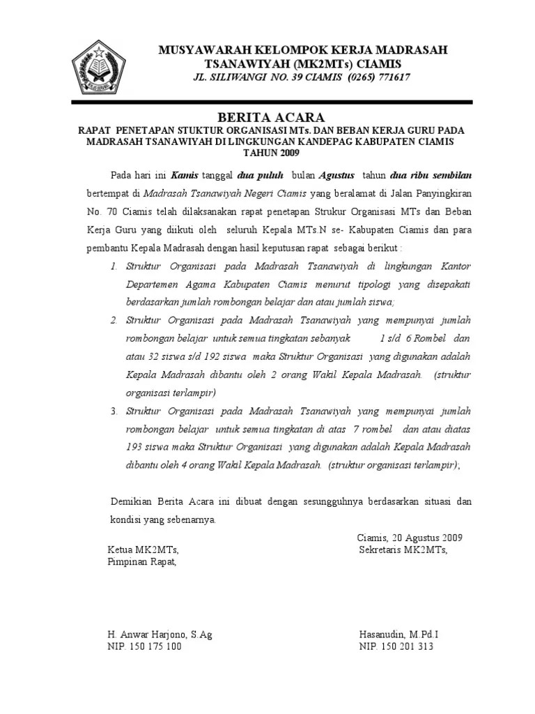 Berita Acara Rapat Penetapan Struktur Organisasi MTs | PDF