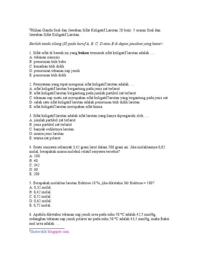 Contoh Soal Dan Pembahasan Sifat Koligatif Larutan Non Elektrolit