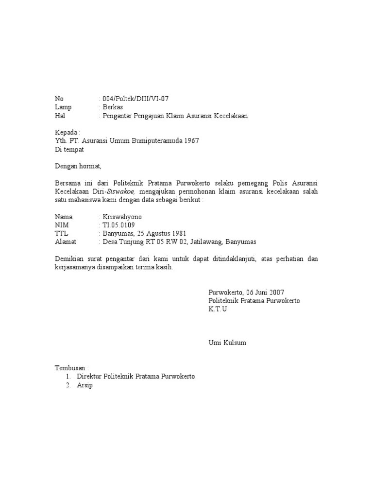 Surat Pengajuan Klaim Asuransi | PDF